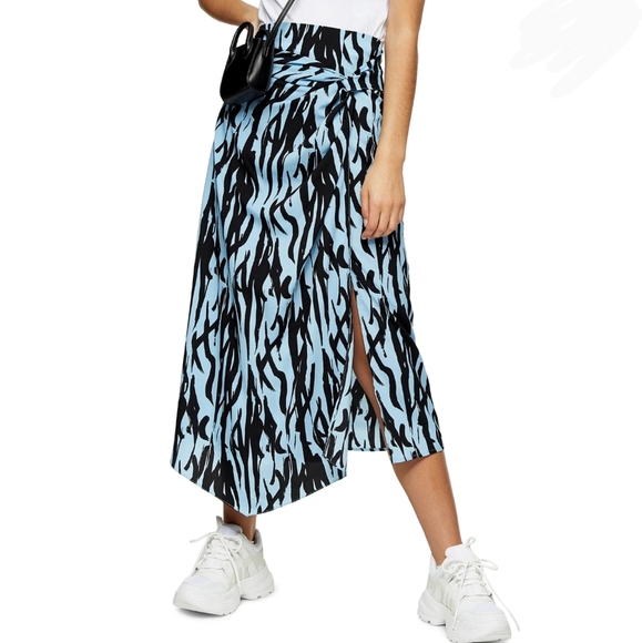 Topshop Skirt Sarong Style Overwrap Asymmetric Hem Zebra Print Blue Black 10 NWT - Picture 2 of 15